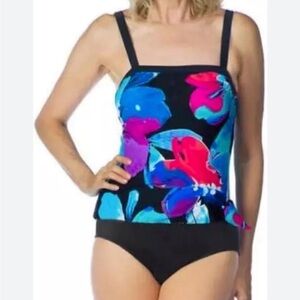 Floral One-Piece Swimsuit - Black and Blue